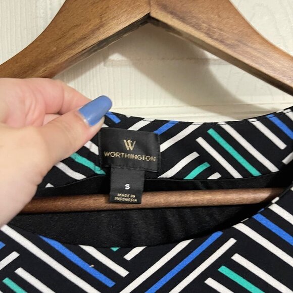 Worthington Womens Black Blue Chevron Striped Stretch Belted Career Dress Small - Picture 2 of 6